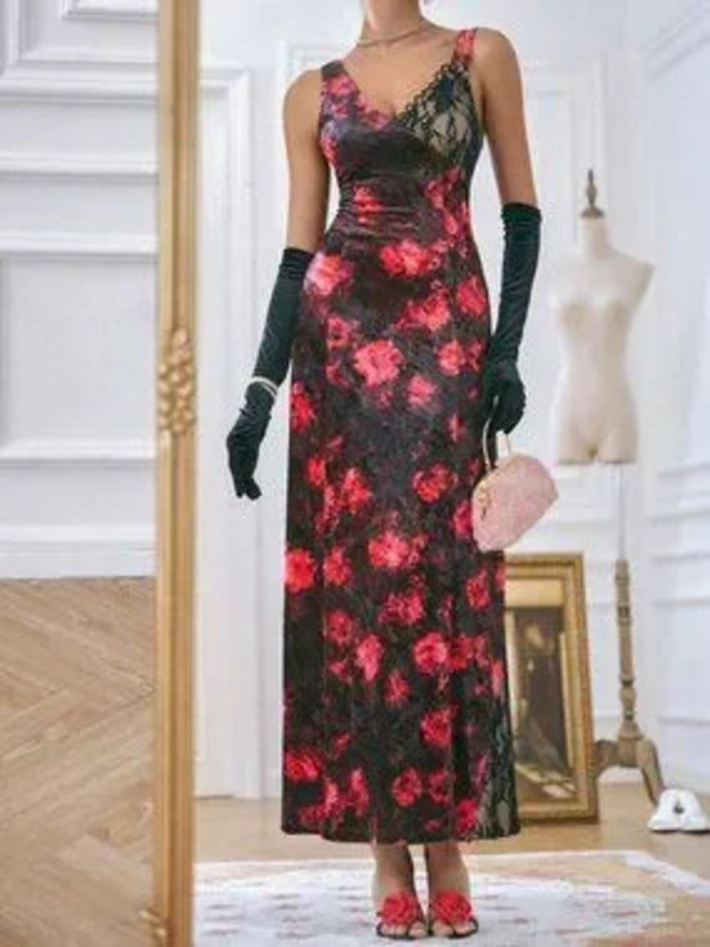 Black Elegant Women's Velvet Printed Oblique Shoulder Lace Patchwork Midi Dress